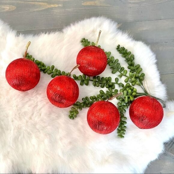 Vintage Christmas Glittery Red Ornaments Lot of 5 Holiday Decor Gift Idea - Picture 1 of 7
